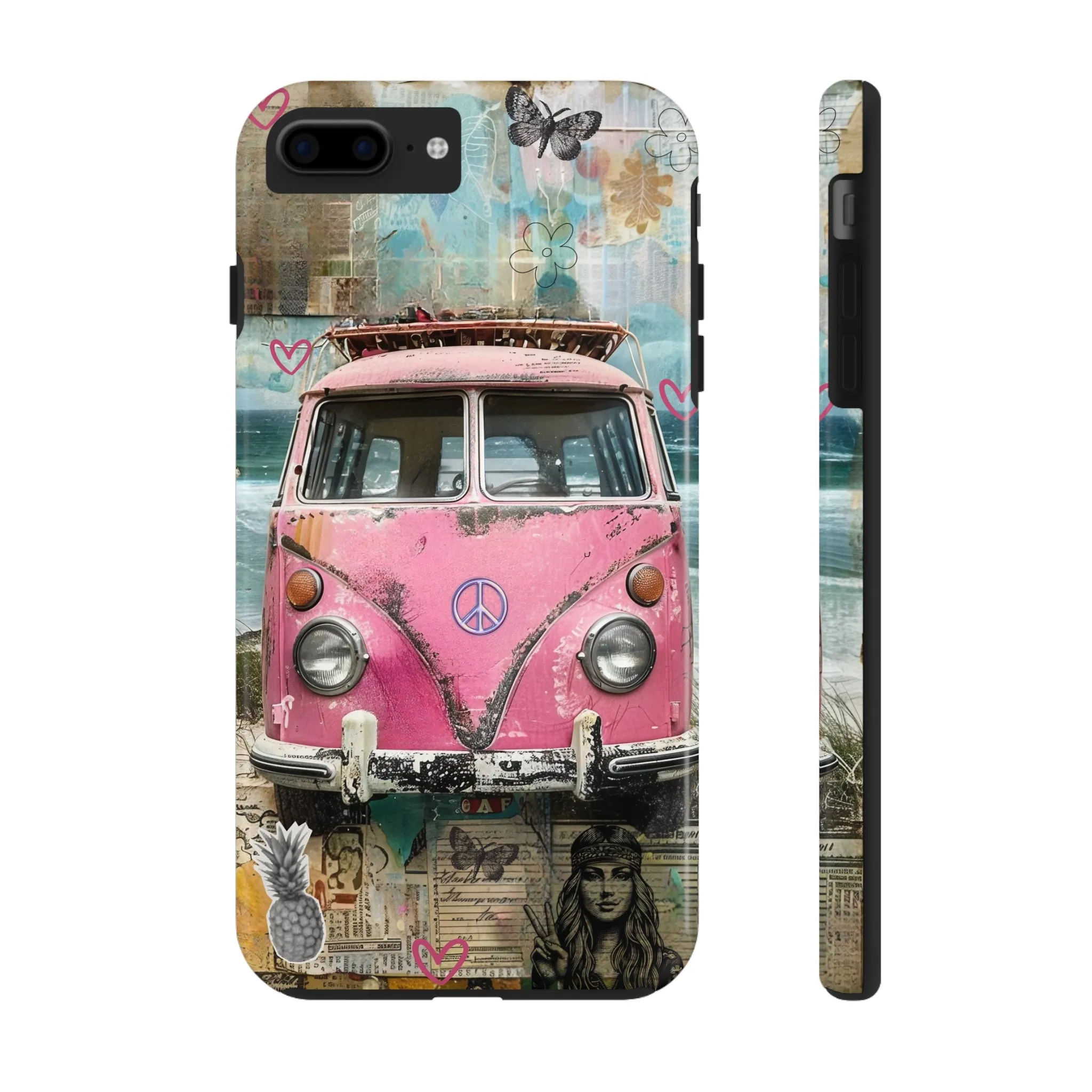 Vintage Pink Hippie Van Collage iPhone Case, Retro Beach Scene Collage, Bohemian Aesthetic Phone Cover, Artsy Surf Design, Protective Phone Cover compatible with a large variety of iPhone models, Phone Case, Gift