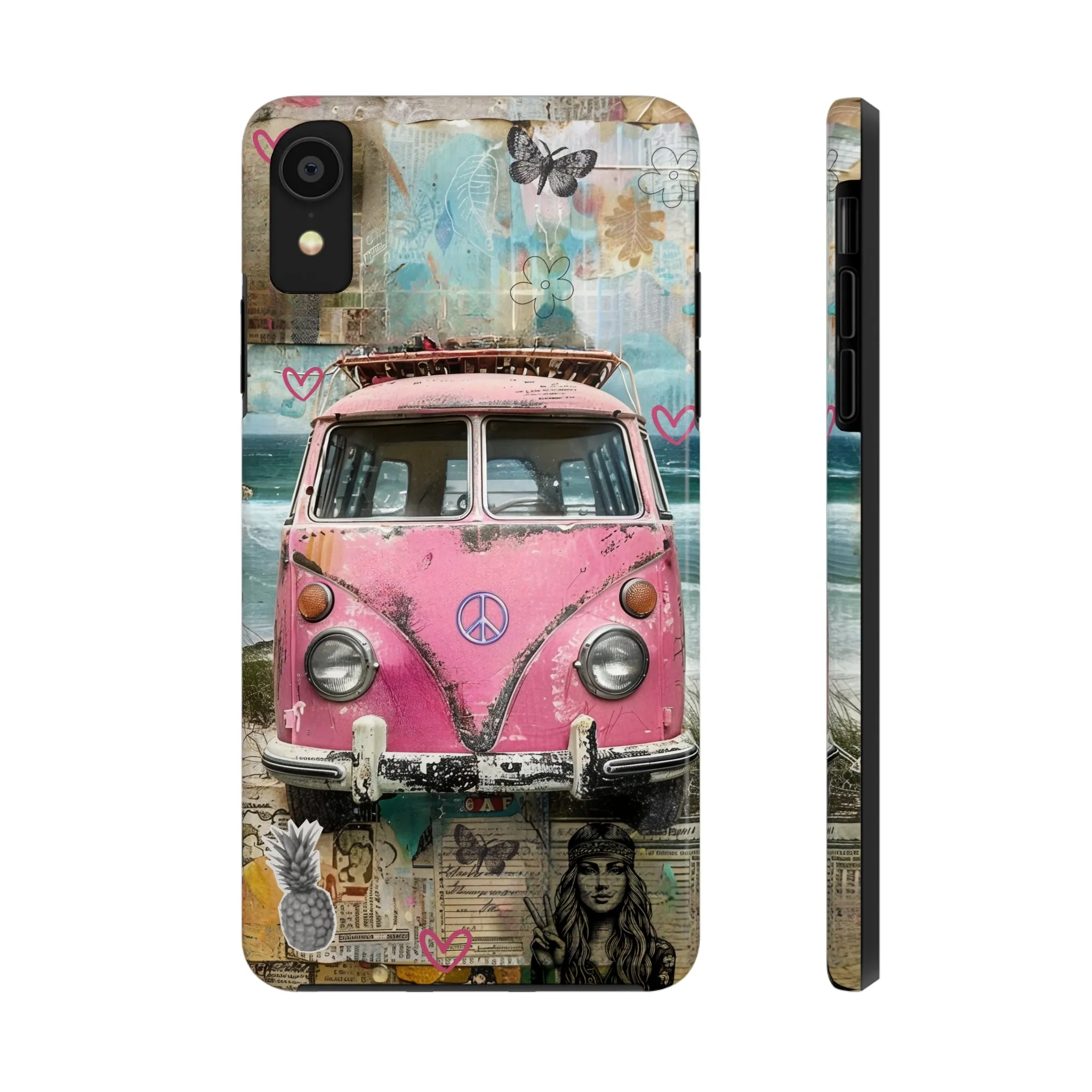 Vintage Pink Hippie Van Collage iPhone Case, Retro Beach Scene Collage, Bohemian Aesthetic Phone Cover, Artsy Surf Design, Protective Phone Cover compatible with a large variety of iPhone models, Phone Case, Gift