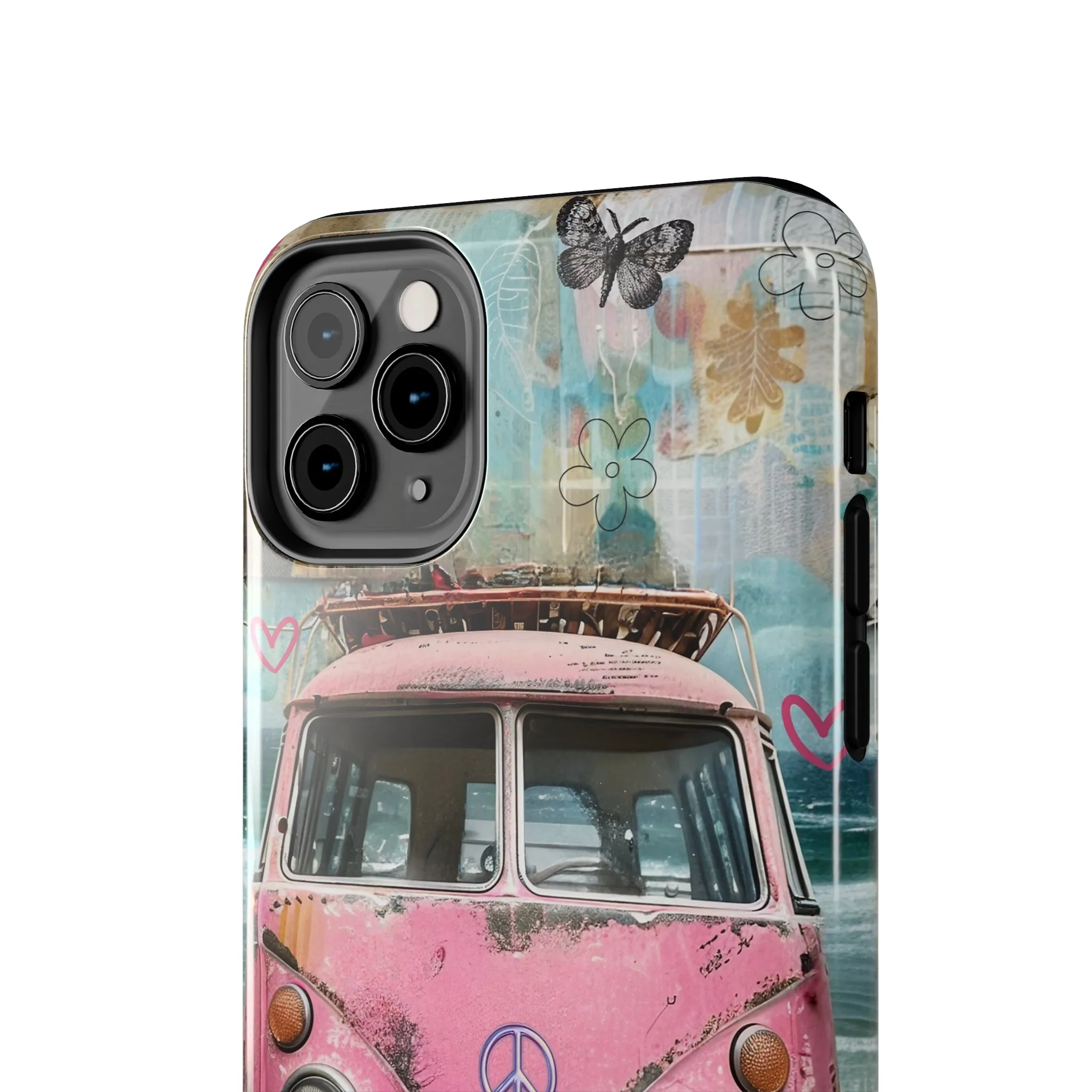 Vintage Pink Hippie Van Collage iPhone Case, Retro Beach Scene Collage, Bohemian Aesthetic Phone Cover, Artsy Surf Design, Protective Phone Cover compatible with a large variety of iPhone models, Phone Case, Gift