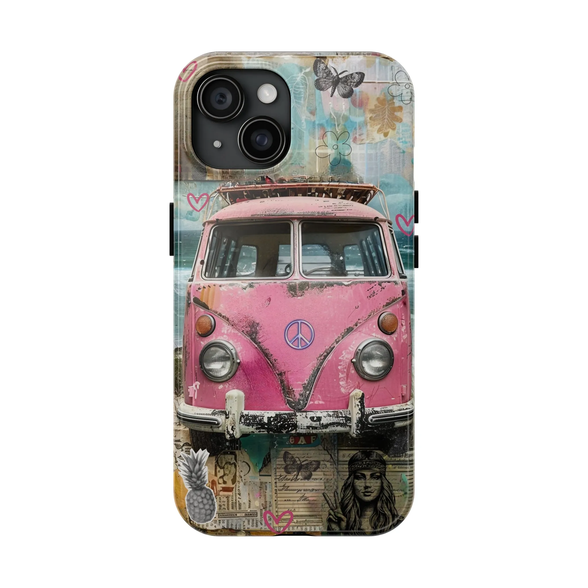 Vintage Pink Hippie Van Collage iPhone Case, Retro Beach Scene Collage, Bohemian Aesthetic Phone Cover, Artsy Surf Design, Protective Phone Cover compatible with a large variety of iPhone models, Phone Case, Gift