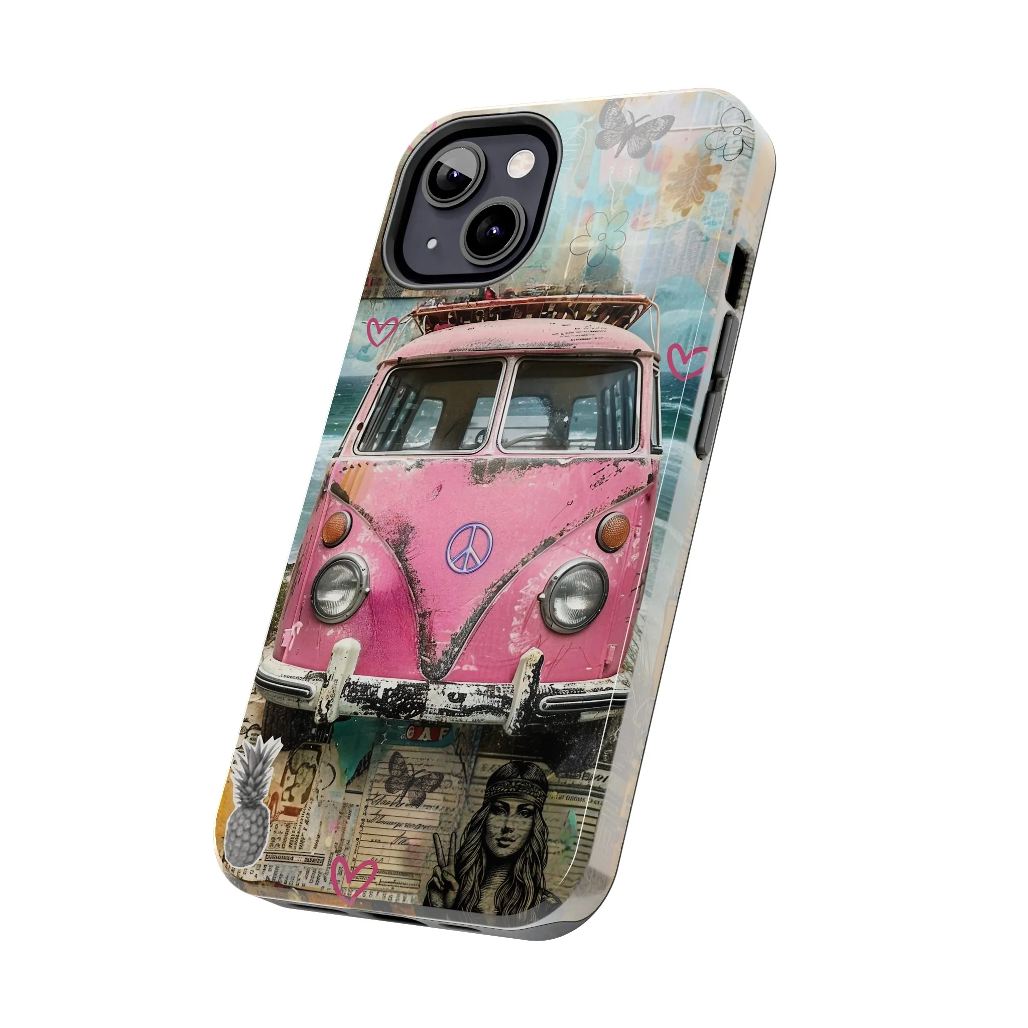 Vintage Pink Hippie Van Collage iPhone Case, Retro Beach Scene Collage, Bohemian Aesthetic Phone Cover, Artsy Surf Design, Protective Phone Cover compatible with a large variety of iPhone models, Phone Case, Gift