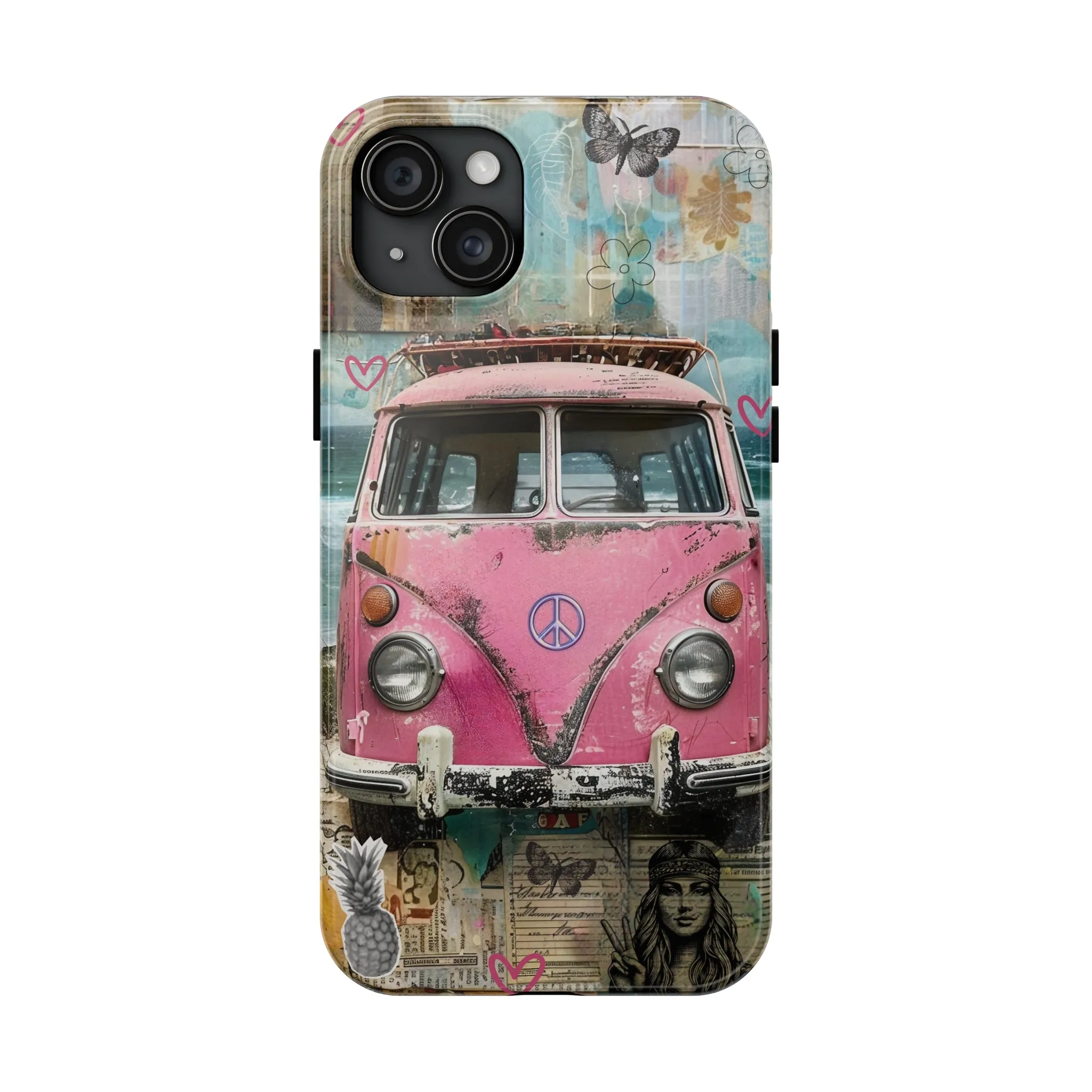 Vintage Pink Hippie Van Collage iPhone Case, Retro Beach Scene Collage, Bohemian Aesthetic Phone Cover, Artsy Surf Design, Protective Phone Cover compatible with a large variety of iPhone models, Phone Case, Gift