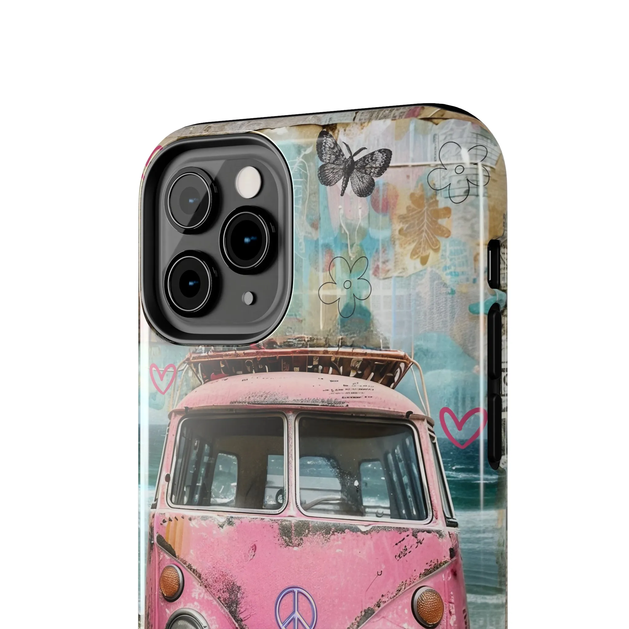 Vintage Pink Hippie Van Collage iPhone Case, Retro Beach Scene Collage, Bohemian Aesthetic Phone Cover, Artsy Surf Design, Protective Phone Cover compatible with a large variety of iPhone models, Phone Case, Gift