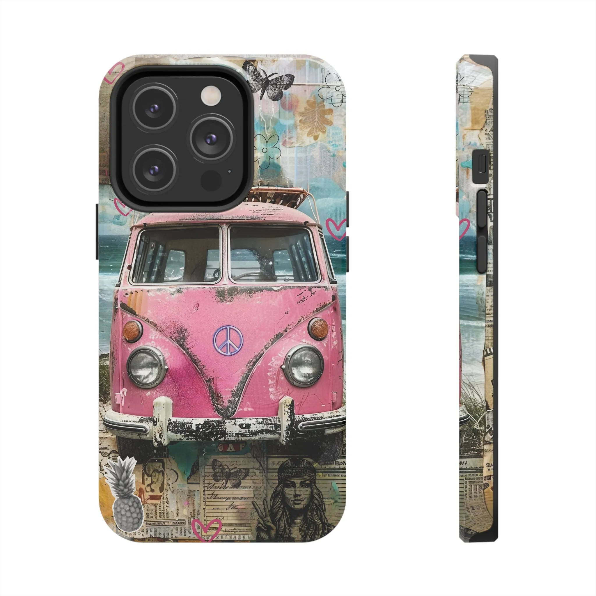 Vintage Pink Hippie Van Collage iPhone Case, Retro Beach Scene Collage, Bohemian Aesthetic Phone Cover, Artsy Surf Design, Protective Phone Cover compatible with a large variety of iPhone models, Phone Case, Gift