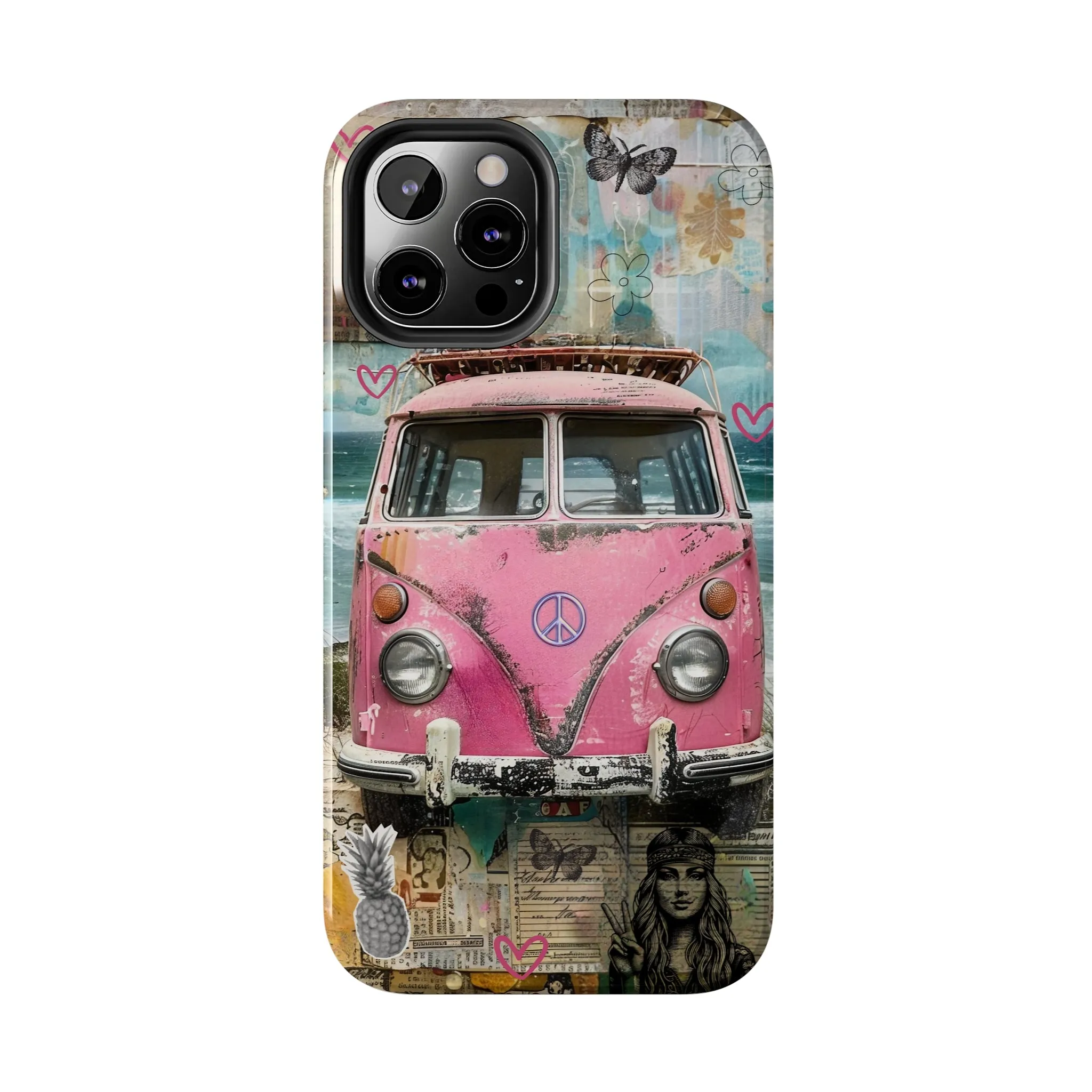 Vintage Pink Hippie Van Collage iPhone Case, Retro Beach Scene Collage, Bohemian Aesthetic Phone Cover, Artsy Surf Design, Protective Phone Cover compatible with a large variety of iPhone models, Phone Case, Gift