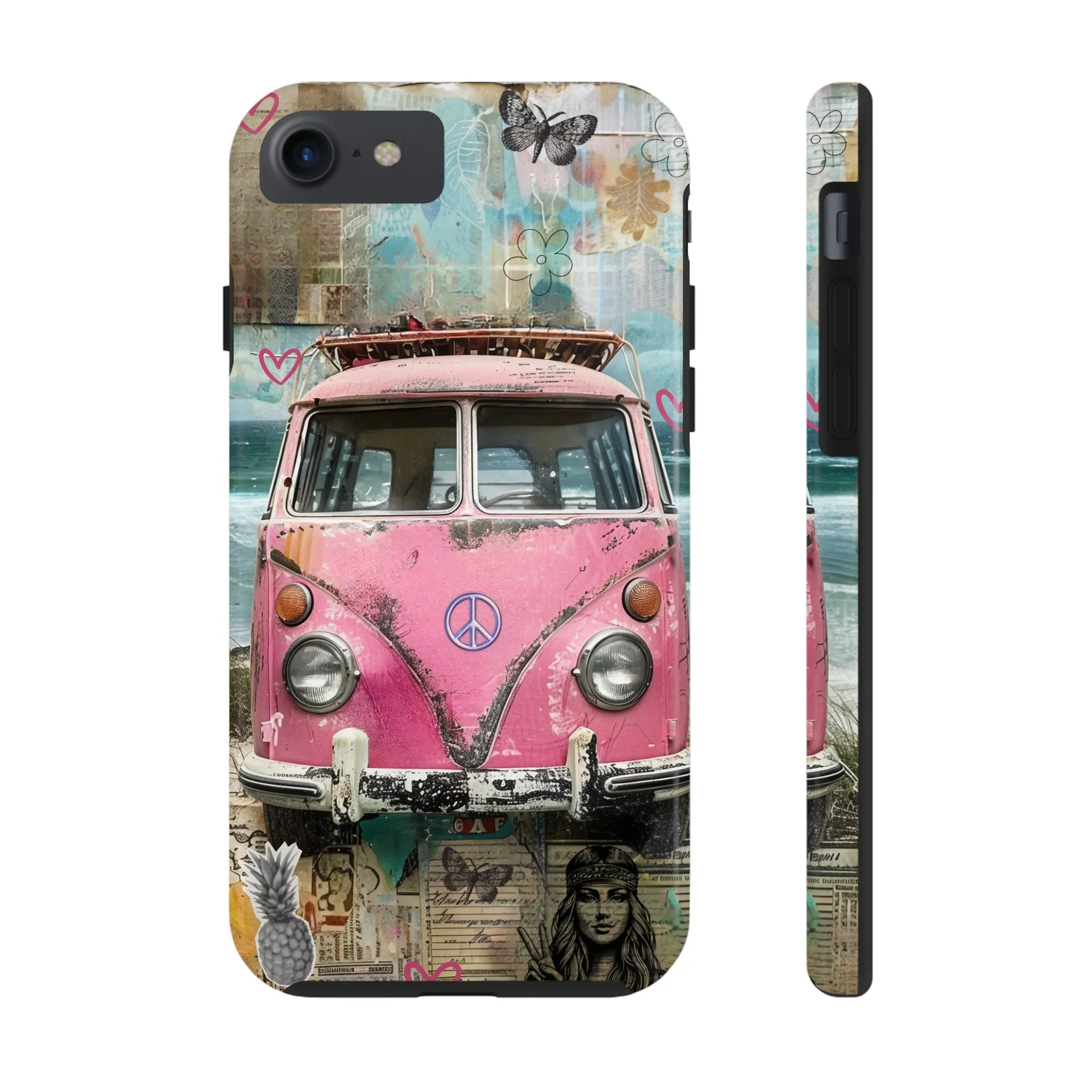 Vintage Pink Hippie Van Collage iPhone Case, Retro Beach Scene Collage, Bohemian Aesthetic Phone Cover, Artsy Surf Design, Protective Phone Cover compatible with a large variety of iPhone models, Phone Case, Gift