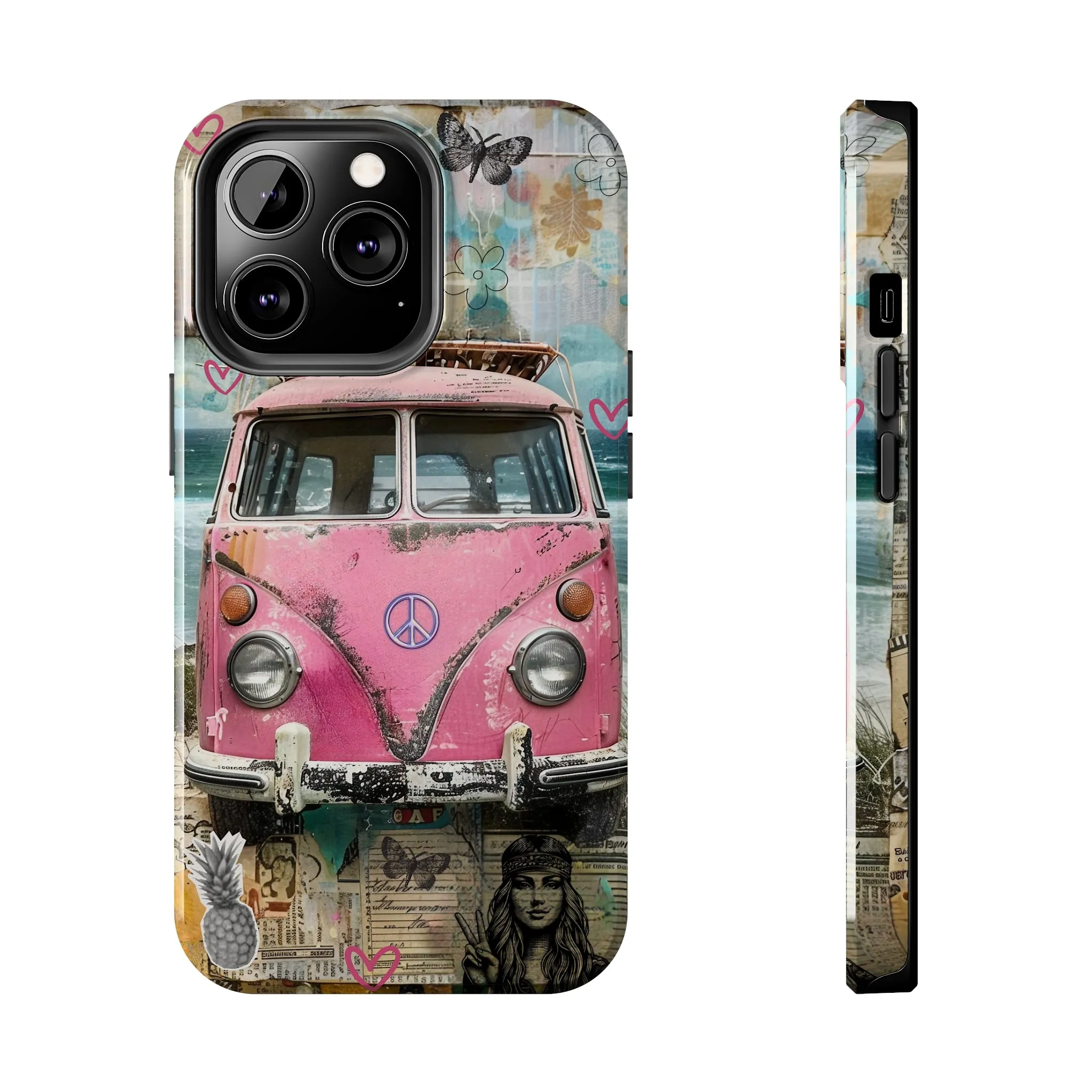 Vintage Pink Hippie Van Collage iPhone Case, Retro Beach Scene Collage, Bohemian Aesthetic Phone Cover, Artsy Surf Design, Protective Phone Cover compatible with a large variety of iPhone models, Phone Case, Gift