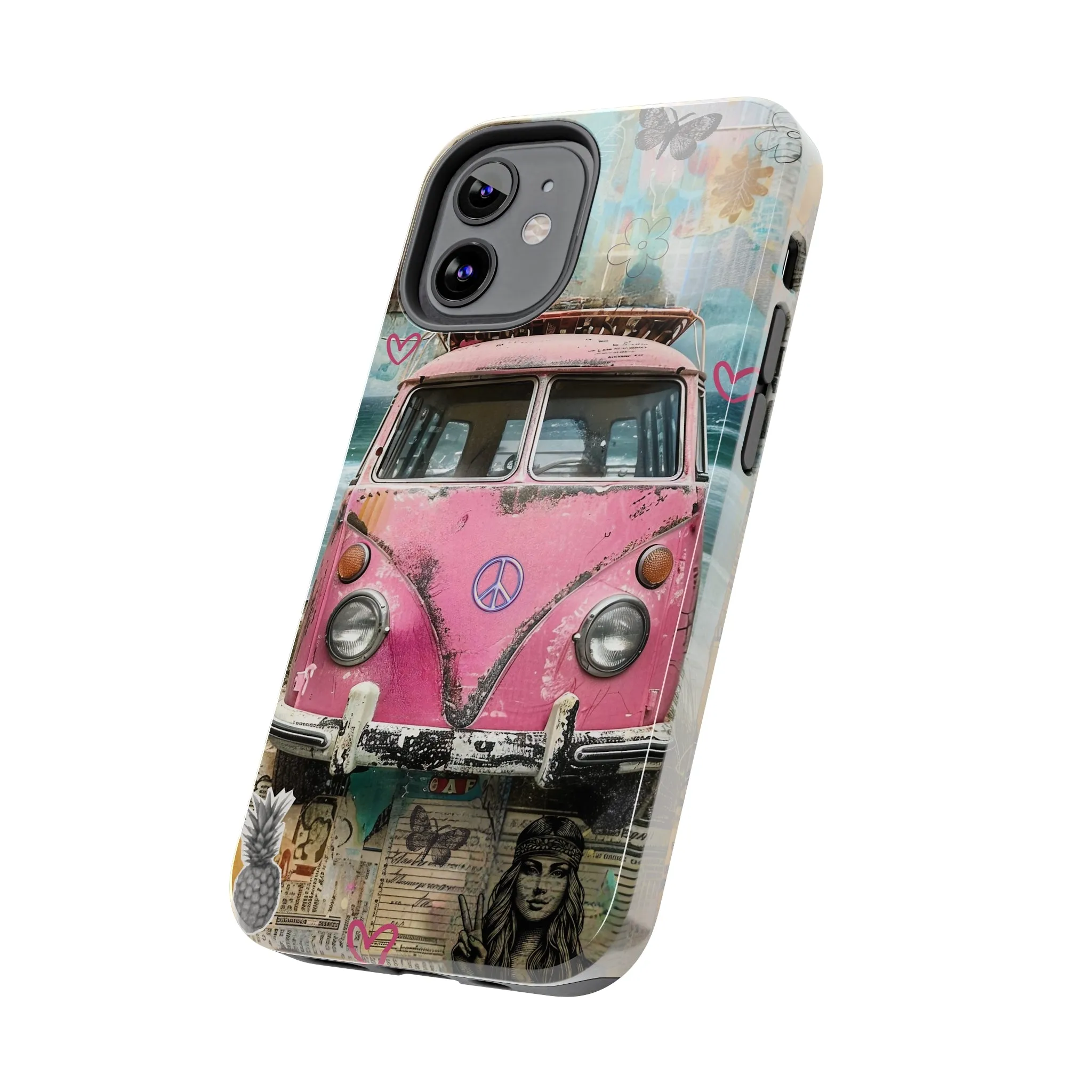 Vintage Pink Hippie Van Collage iPhone Case, Retro Beach Scene Collage, Bohemian Aesthetic Phone Cover, Artsy Surf Design, Protective Phone Cover compatible with a large variety of iPhone models, Phone Case, Gift