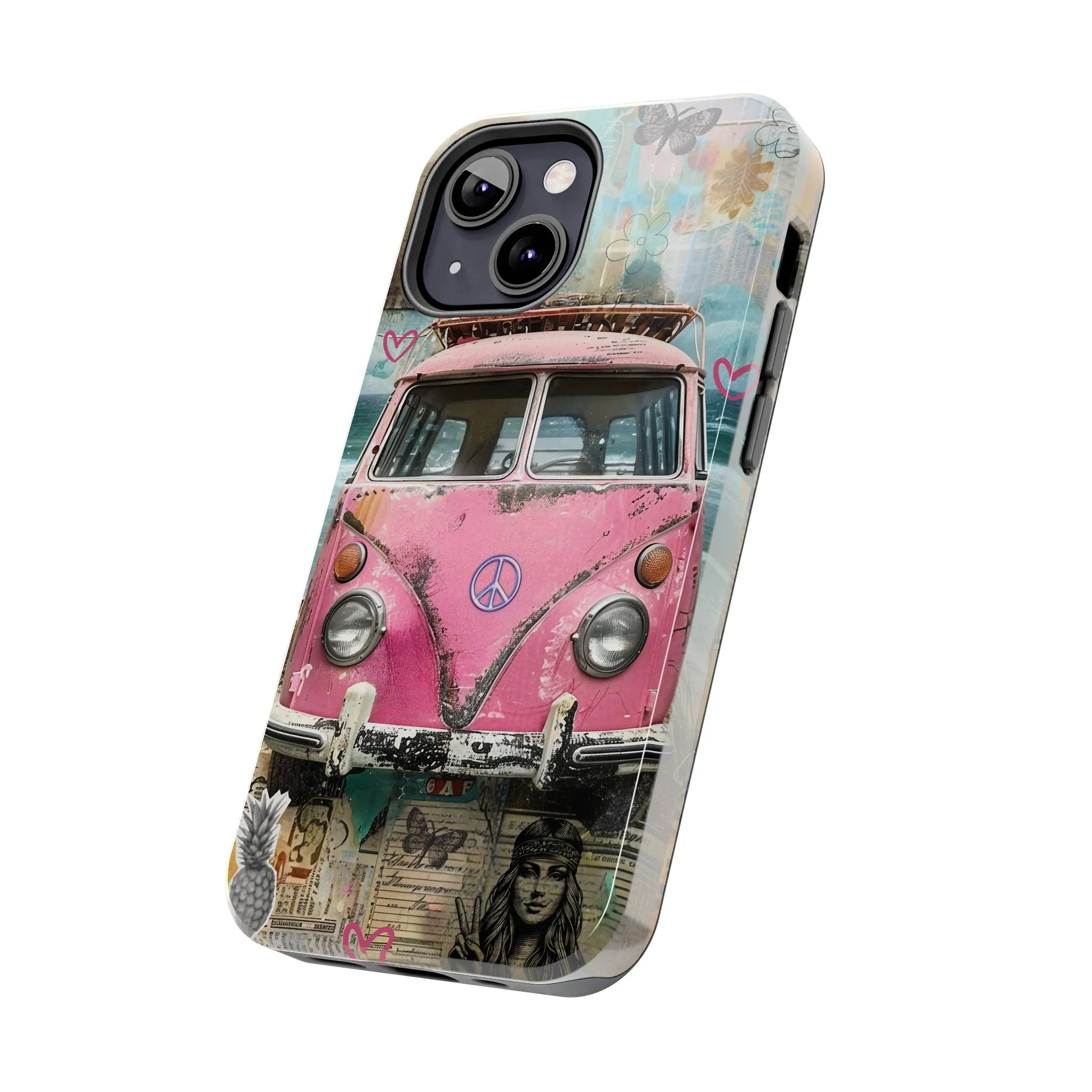 Vintage Pink Hippie Van Collage iPhone Case, Retro Beach Scene Collage, Bohemian Aesthetic Phone Cover, Artsy Surf Design, Protective Phone Cover compatible with a large variety of iPhone models, Phone Case, Gift