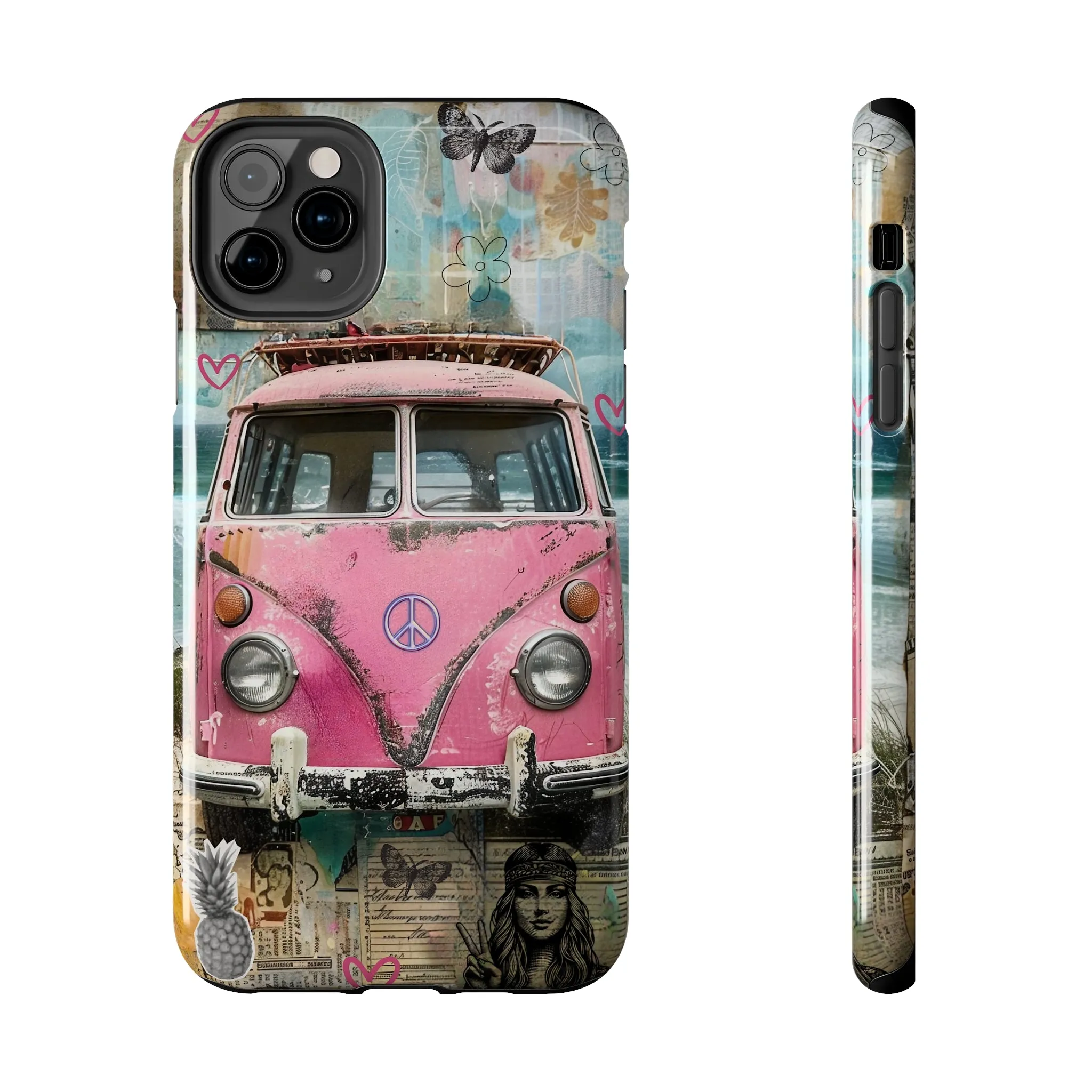 Vintage Pink Hippie Van Collage iPhone Case, Retro Beach Scene Collage, Bohemian Aesthetic Phone Cover, Artsy Surf Design, Protective Phone Cover compatible with a large variety of iPhone models, Phone Case, Gift