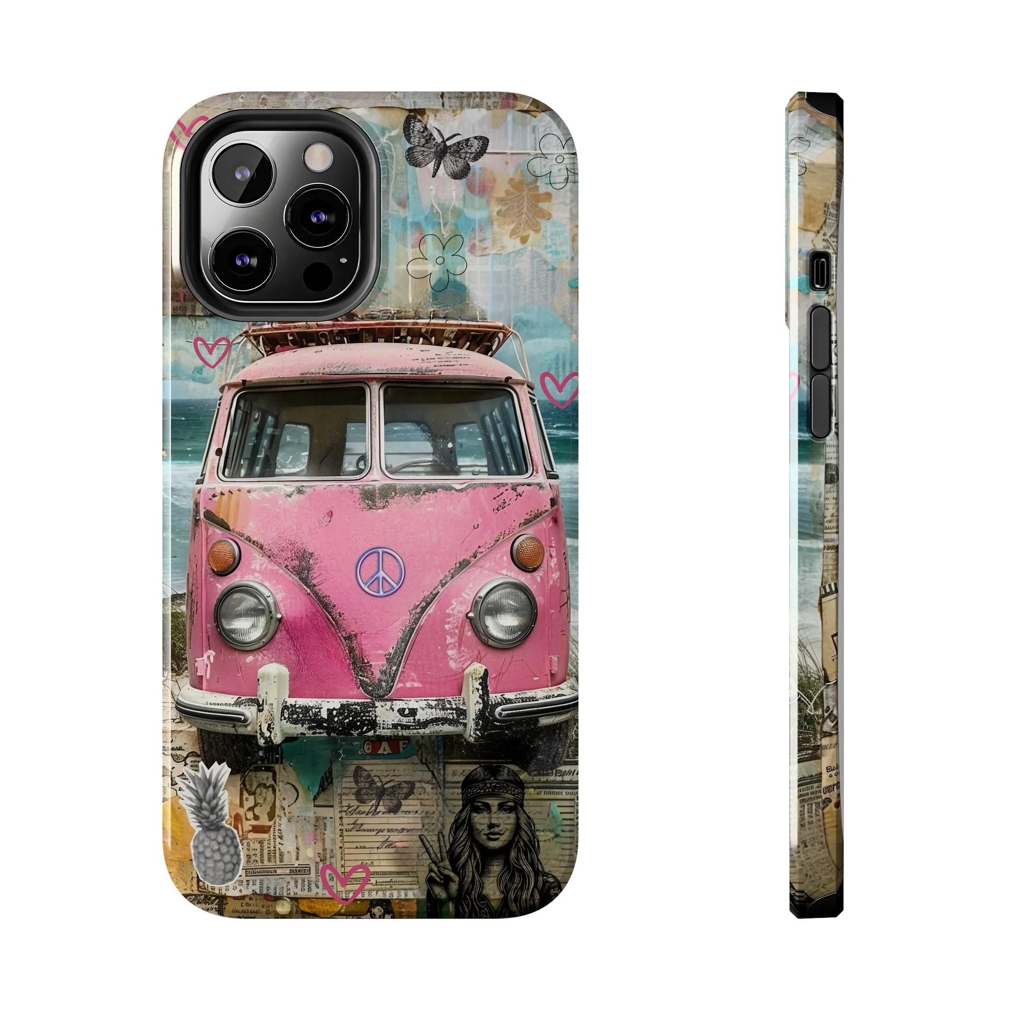 Vintage Pink Hippie Van Collage iPhone Case, Retro Beach Scene Collage, Bohemian Aesthetic Phone Cover, Artsy Surf Design, Protective Phone Cover compatible with a large variety of iPhone models, Phone Case, Gift