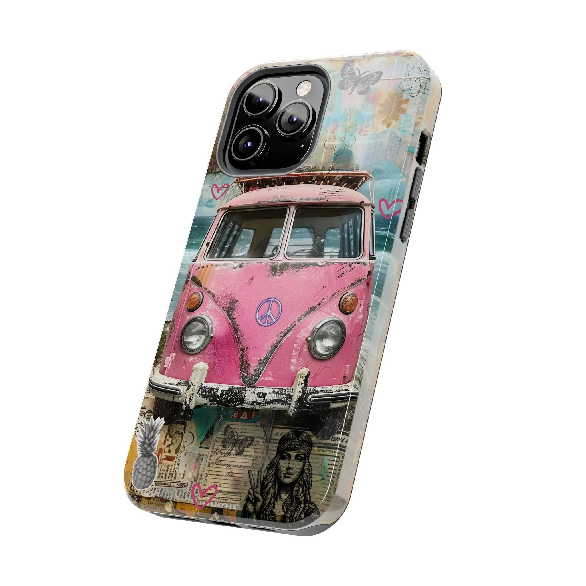 Vintage Pink Hippie Van Collage iPhone Case, Retro Beach Scene Collage, Bohemian Aesthetic Phone Cover, Artsy Surf Design, Protective Phone Cover compatible with a large variety of iPhone models, Phone Case, Gift