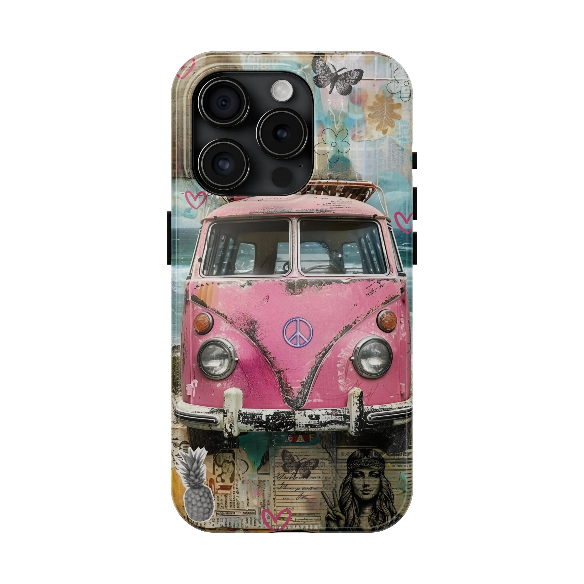 Vintage Pink Hippie Van Collage iPhone Case, Retro Beach Scene Collage, Bohemian Aesthetic Phone Cover, Artsy Surf Design, Protective Phone Cover compatible with a large variety of iPhone models, Phone Case, Gift