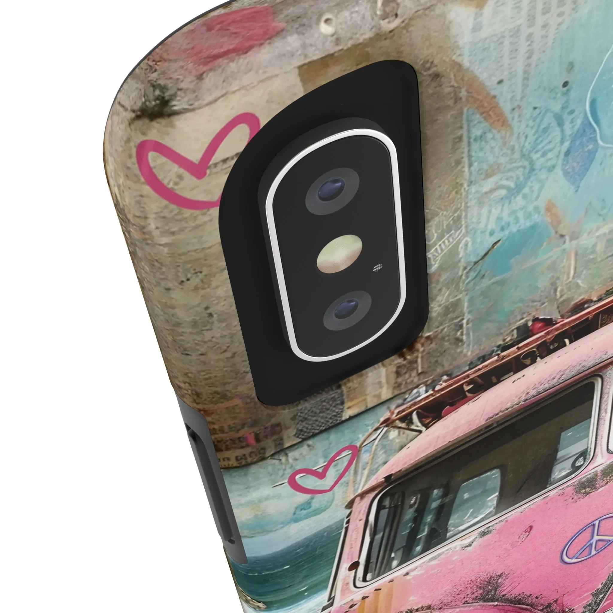 Vintage Pink Hippie Van Collage iPhone Case, Retro Beach Scene Collage, Bohemian Aesthetic Phone Cover, Artsy Surf Design, Protective Phone Cover compatible with a large variety of iPhone models, Phone Case, Gift