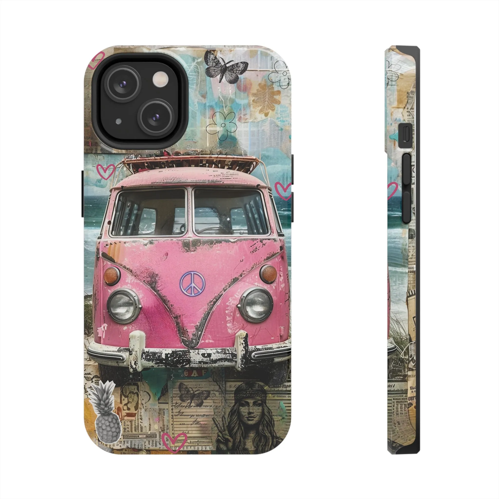 Vintage Pink Hippie Van Collage iPhone Case, Retro Beach Scene Collage, Bohemian Aesthetic Phone Cover, Artsy Surf Design, Protective Phone Cover compatible with a large variety of iPhone models, Phone Case, Gift