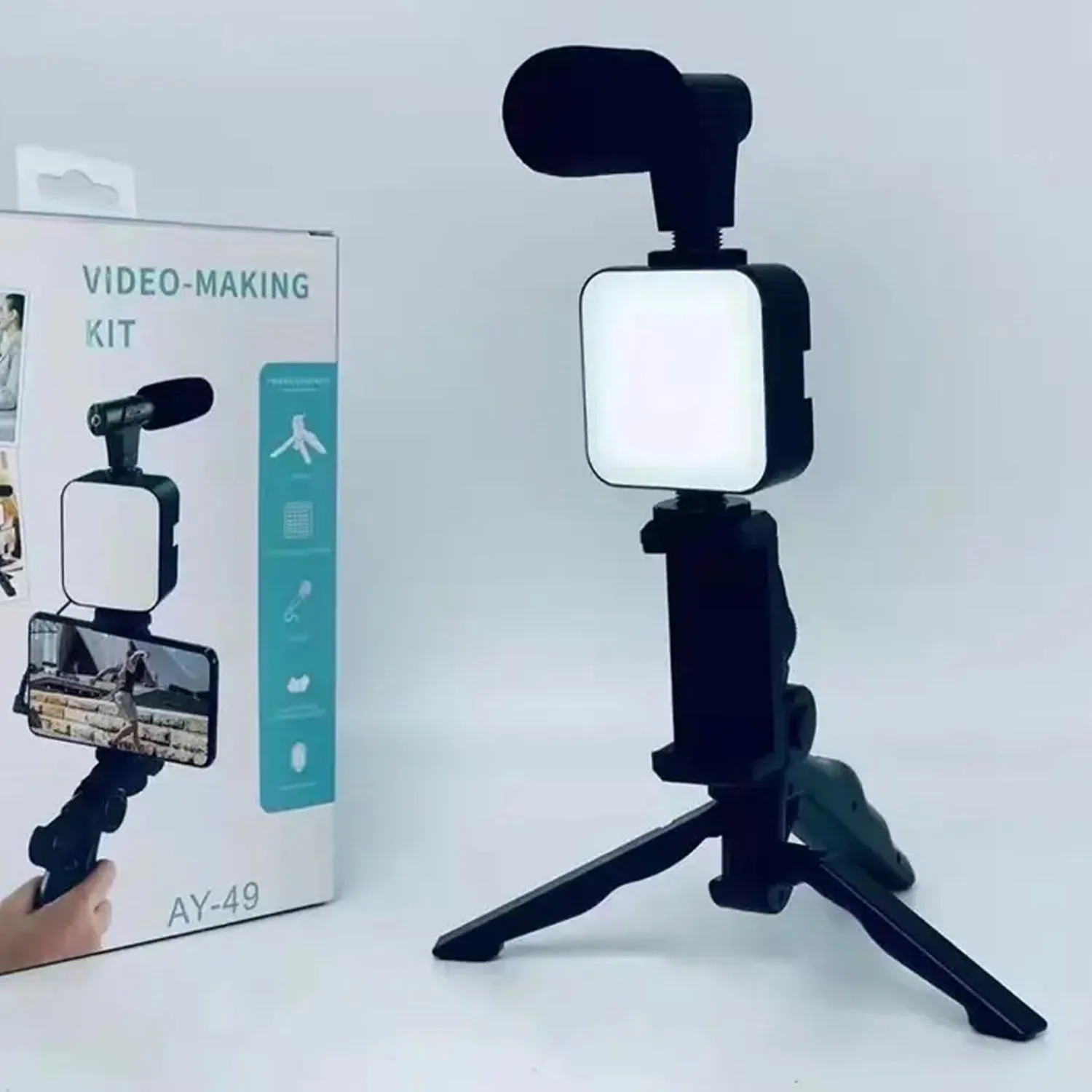 Vlogging Kit for Video Making with Mic Mini Tripod Stand, LED Light & Phone Holder Clip for Making Videos