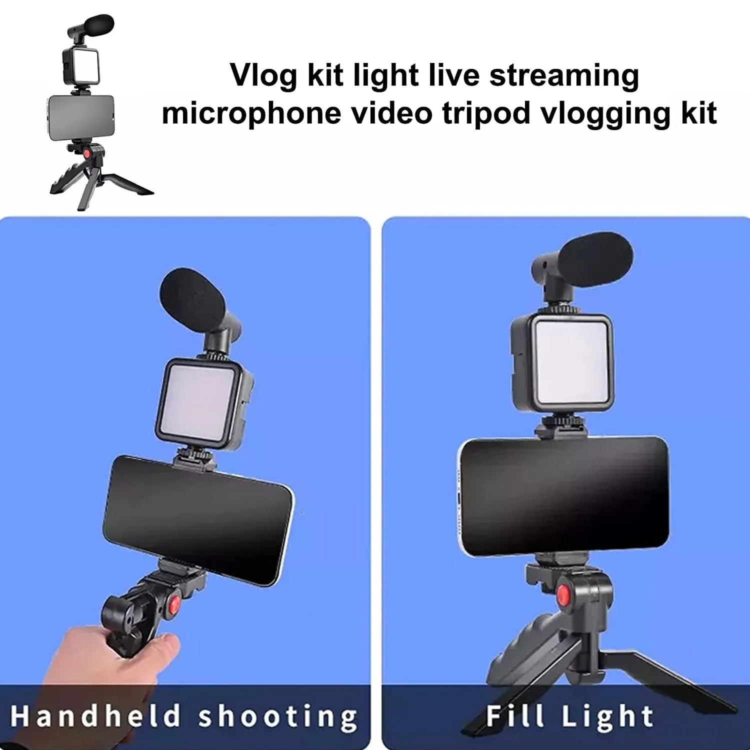 Vlogging Kit for Video Making with Mic Mini Tripod Stand, LED Light & Phone Holder Clip for Making Videos