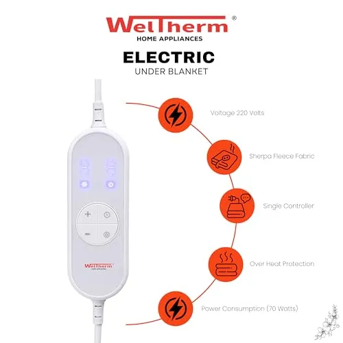 WELTHERM Sherpa Fleece Electric Bed Warmer | Electric Under Blanket | Single Bed(150 x 80cms) | 9 Heat Modes | 9 Hour Timer | | Digital LED Controller | Over Heat Protection | NTC Technology | UB-SFS