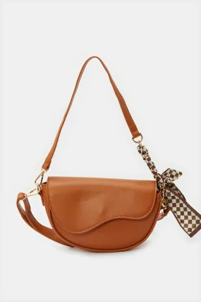 Women Brown Embellished Handbag With Added Scarf