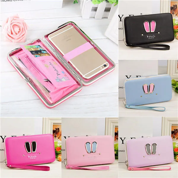 Women Candy Color Rabbit Long Wallet Card Holder Multi-function Phone Case For Iphone Huawei Samsung