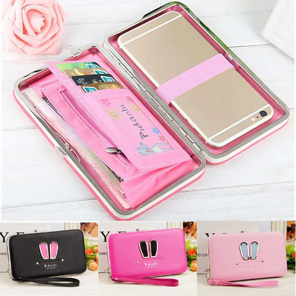 Women Candy Color Rabbit Long Wallet Card Holder Multi-function Phone Case For Iphone Huawei Samsung