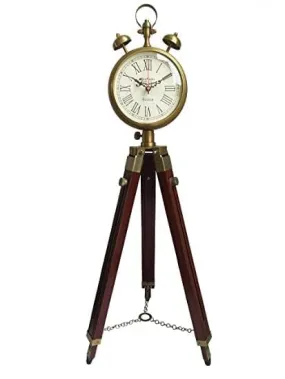 Wooden and Brass Antique Metal Tripod Floor Analog Clock with Stand Two Bell Prop Roman Number for Home - 37.5 Cm Brass Finish with Wooden Stand - Classic Home Decor