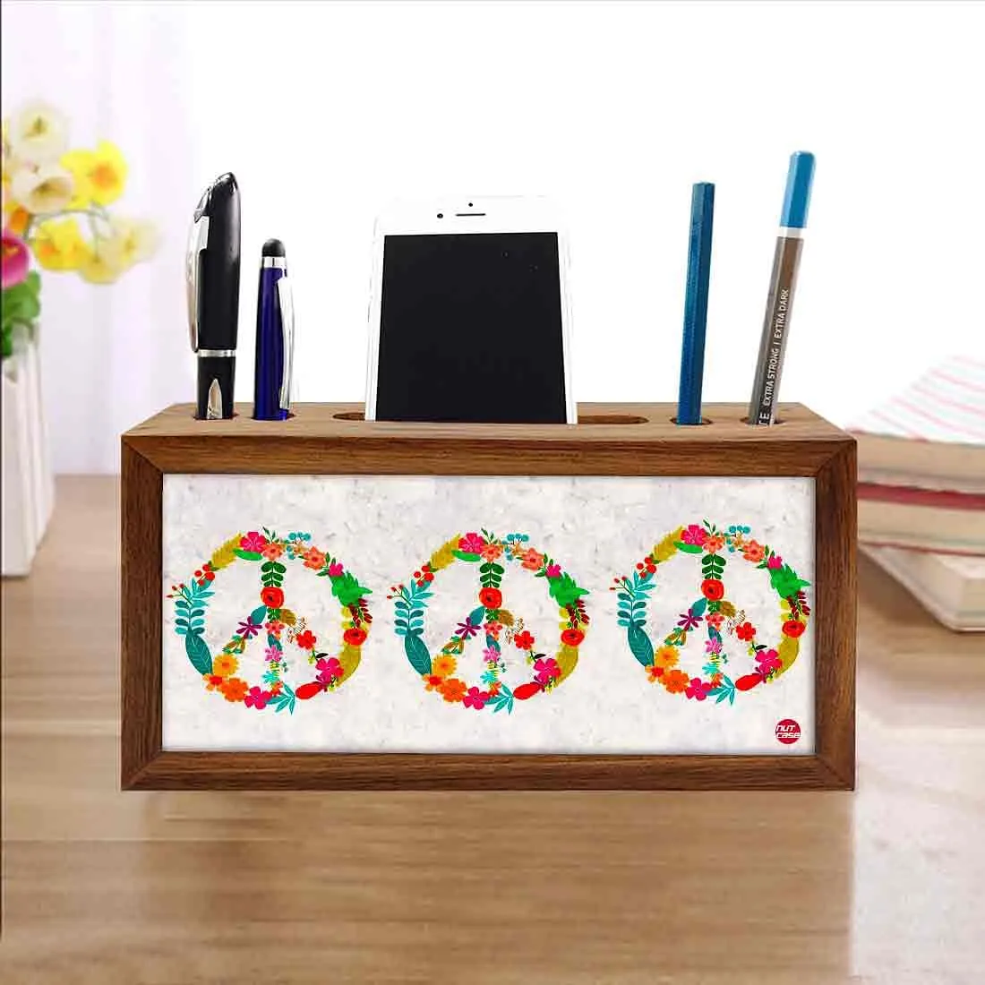 Wooden desktop organiser Pen Mobile Stand - Peace