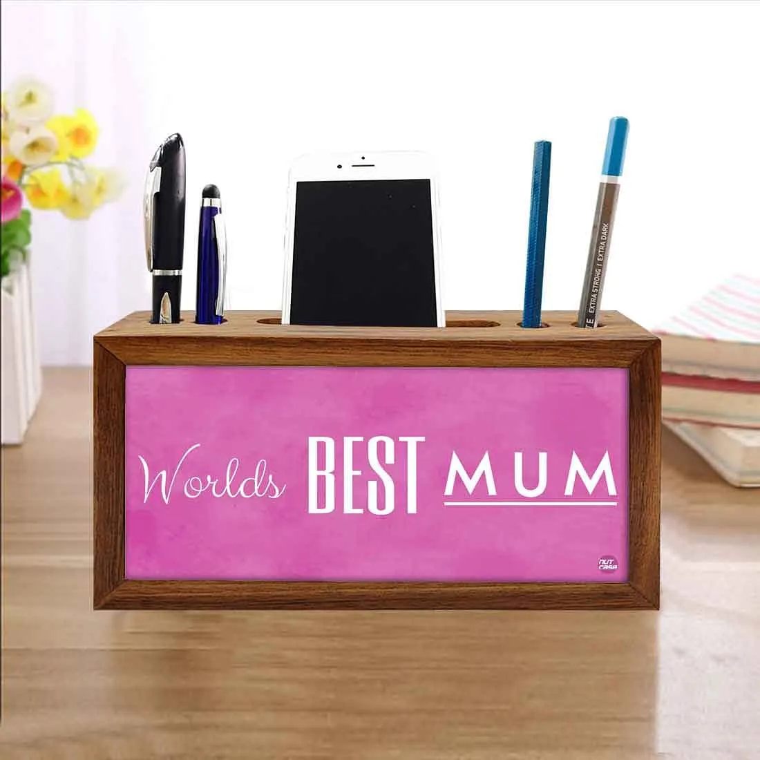 Wooden desktop organiser Pen Mobile Stand - Worlds Best Mum