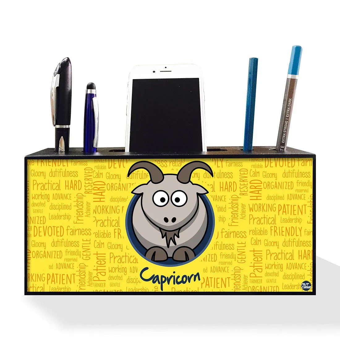 Wooden Pen Mobile Stand Holder Desk Organizer for Office - Capricorn Yellow