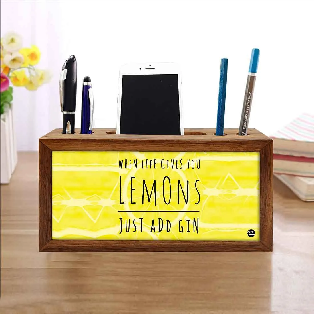 Wooden pen organizer Mobile Stand - Lemons just add gin